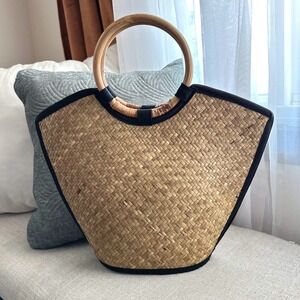 Kipling Straw Rattan‎ Tote Hand Bag Woven Circle Handle Beige Black Lined Summer